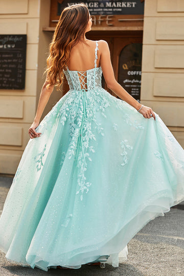 Mint Ball-Gown maniche staccabili in rilievo Prom Dresses con appliques